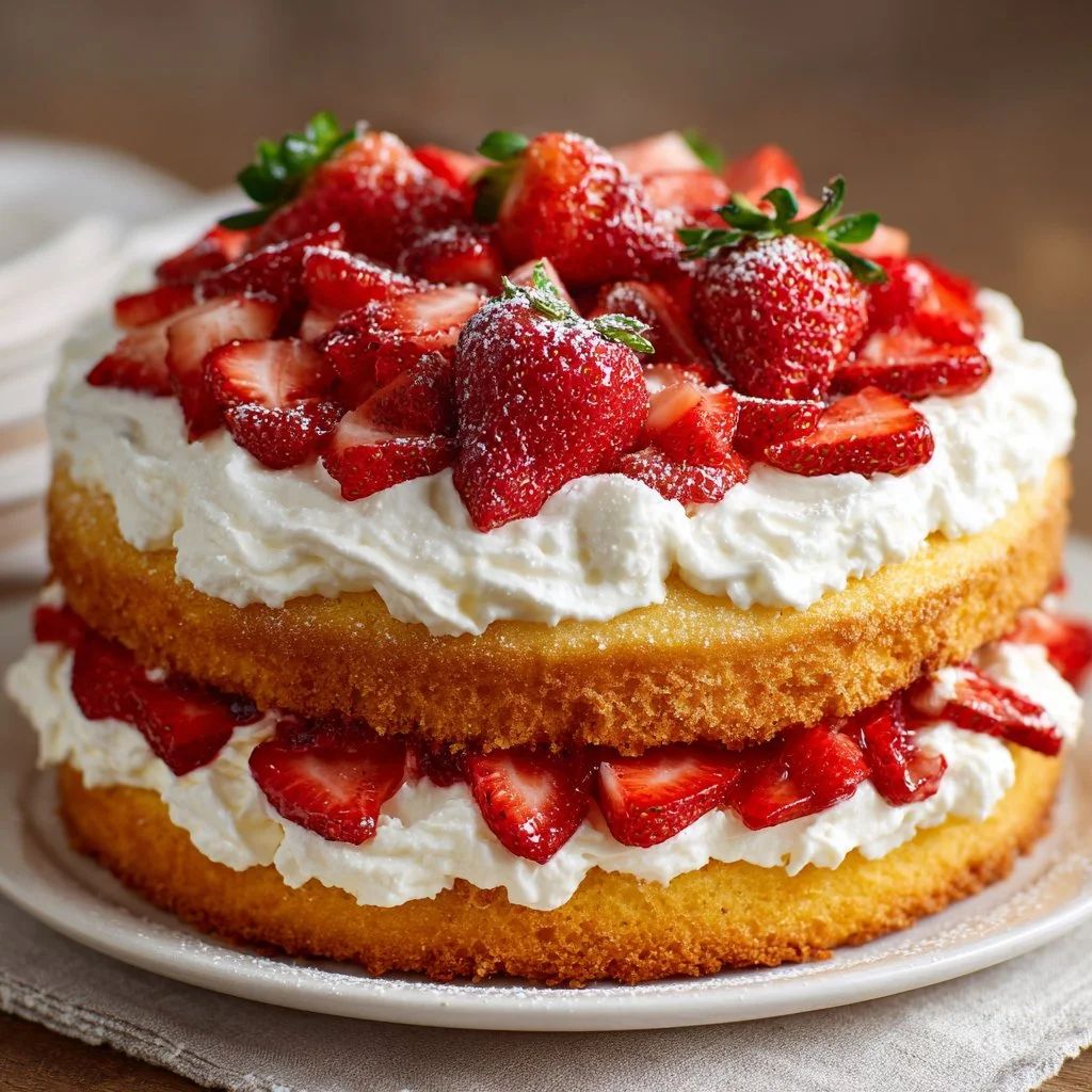Delicious strawberry shortcake cake with layers of sponge, strawberries, and cream