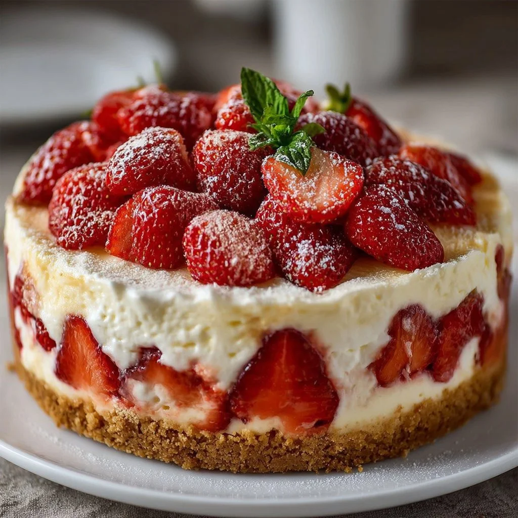 Delicious Strawberry Shortcake Cheesecake with fresh strawberries and whipped cream