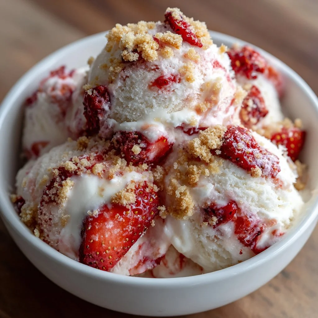 A delicious bowl of strawberry shortcake ice cream garnished with fresh strawberries.