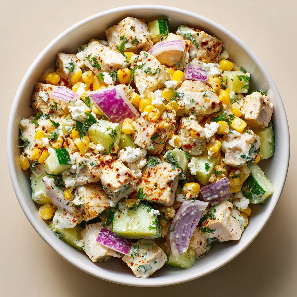Delicious Street Corn Creamy Cucumber Chicken Salad garnished and served in a bowl
