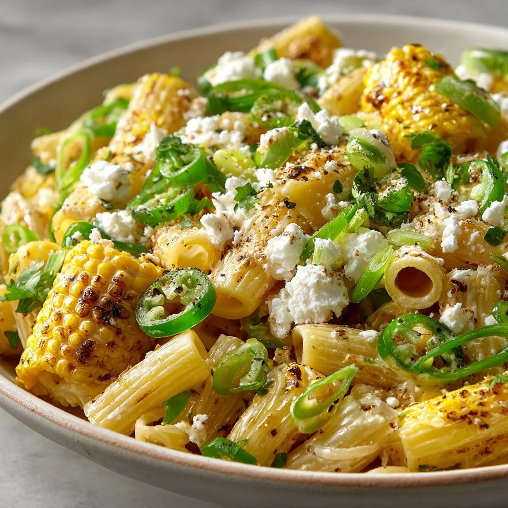 A colorful bowl of street corn pasta salad featuring corn, pasta, and fresh herbs.
