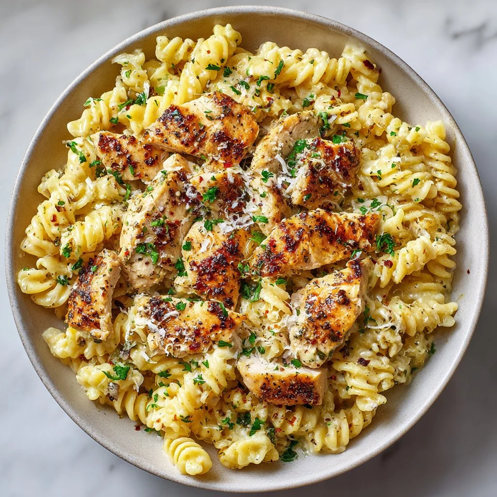 Delicious creamy garlic parmesan chicken pasta in a bowl