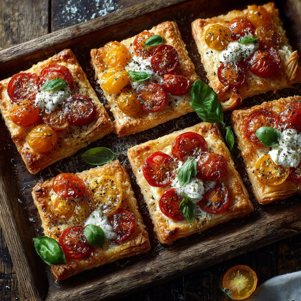 Delicious Tomato Tartlets with Puff Pastry on a white plate.