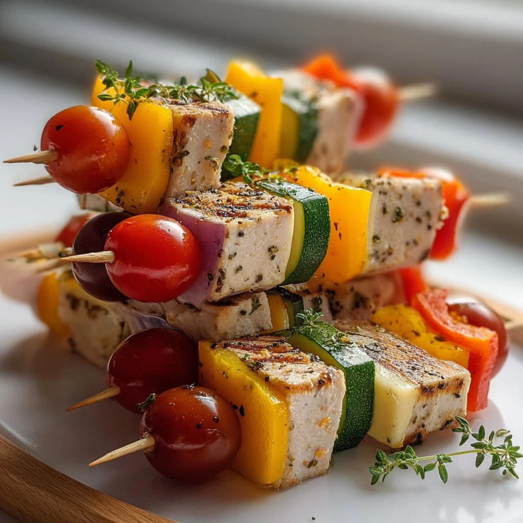 Turkey and cheese kabobs on skewers ready to be served