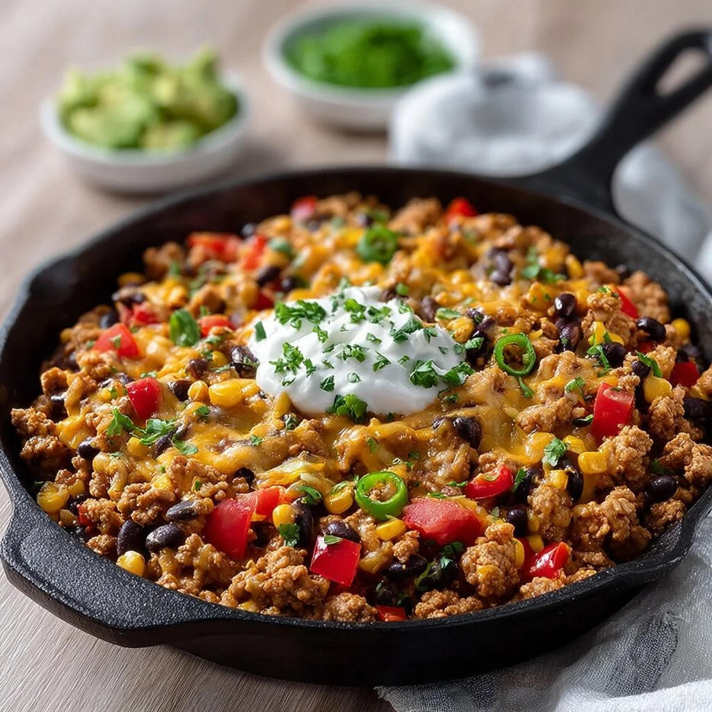 Delicious Turkey Taco Skillet served in a bowl with toppings