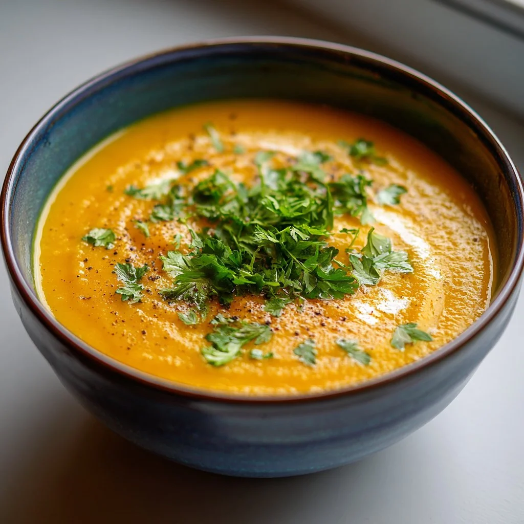 Bowl of vegan carrot and coriander soup garnished with fresh herbs