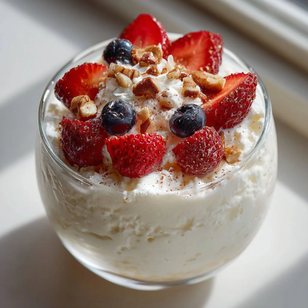 A bowl of whipped cottage cheese topped with fresh fruit and honey