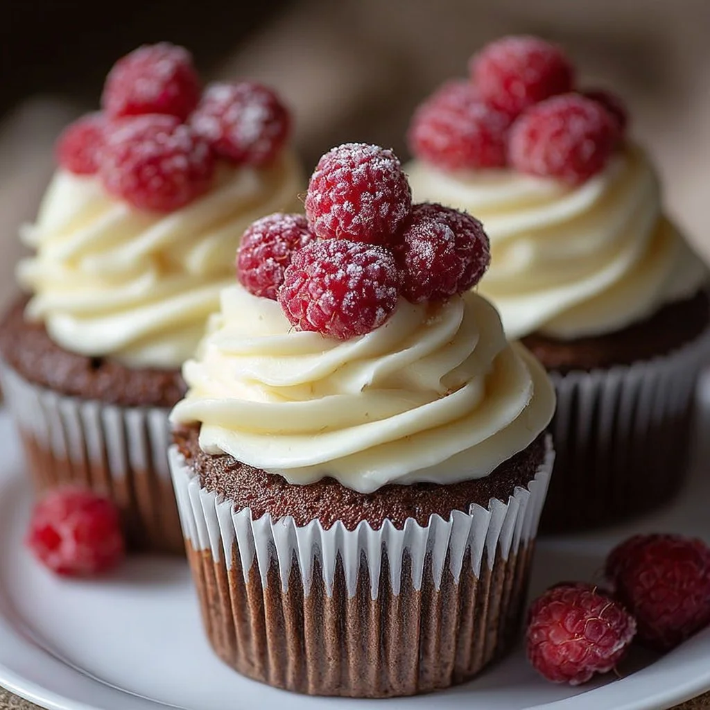 Delicious white chocolate raspberry cupcakes topped with creamy frosting.