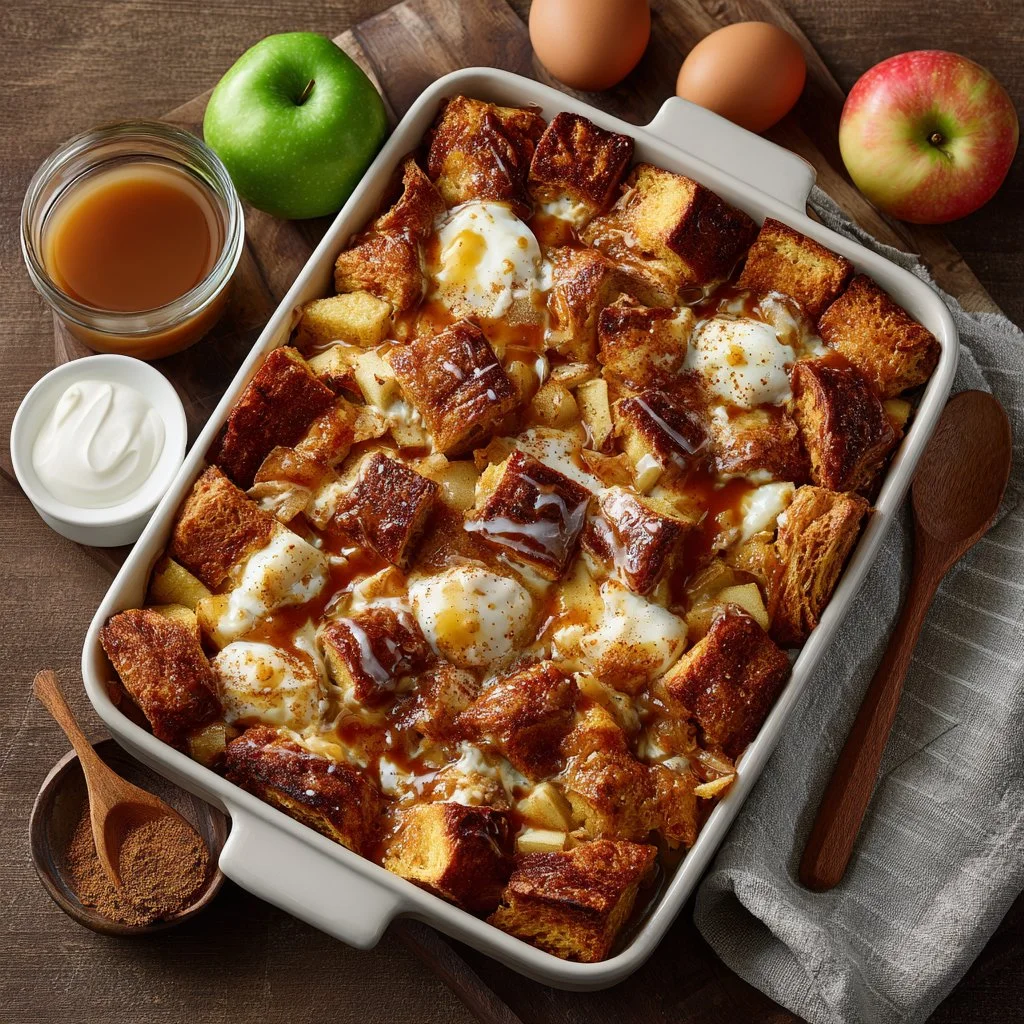 Apple Fritter Breakfast Casserole with cinnamon and fresh apples in a baking dish