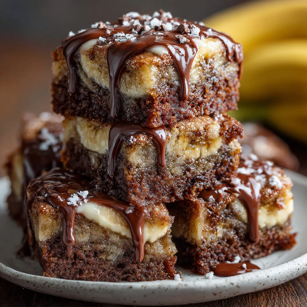 Deliciously moist banana bread brownies served on a wooden plate.