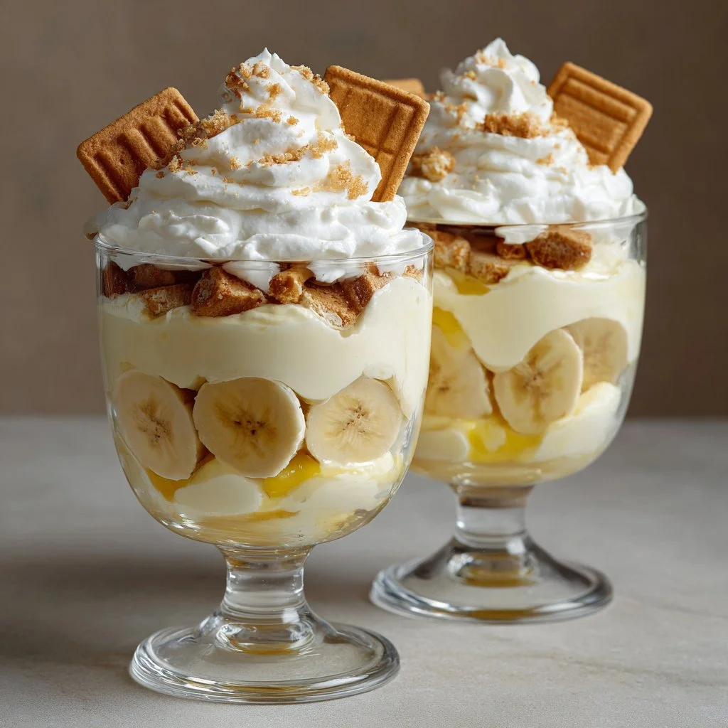 Delicious banana pudding parfait layered with whipped cream and bananas