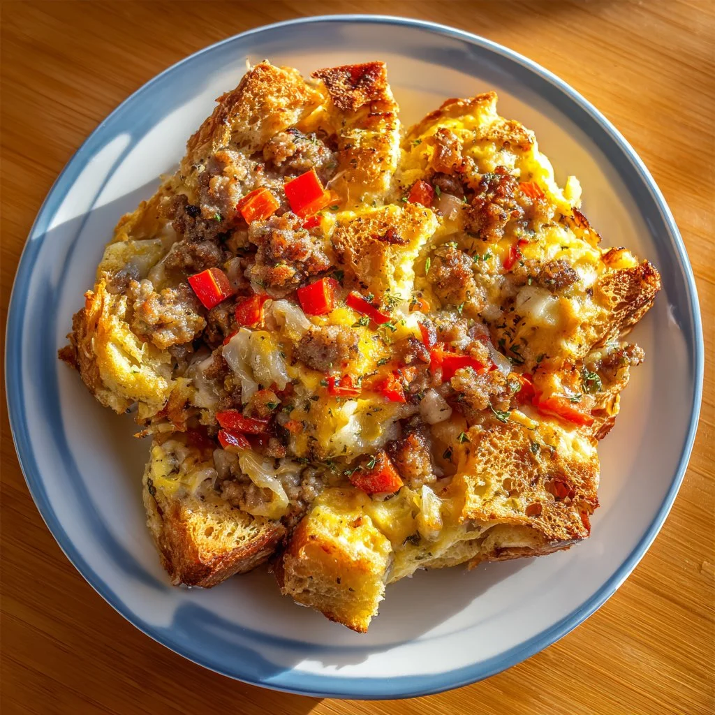 Delicious homemade breakfast casserole with eggs and vegetables