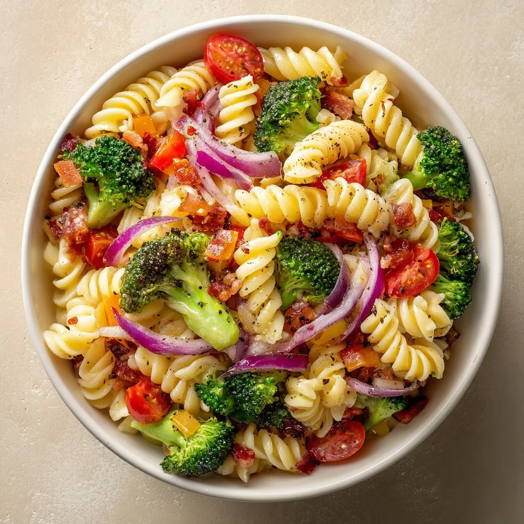 Healthy broccoli pasta salad with colorful vegetables and dressing