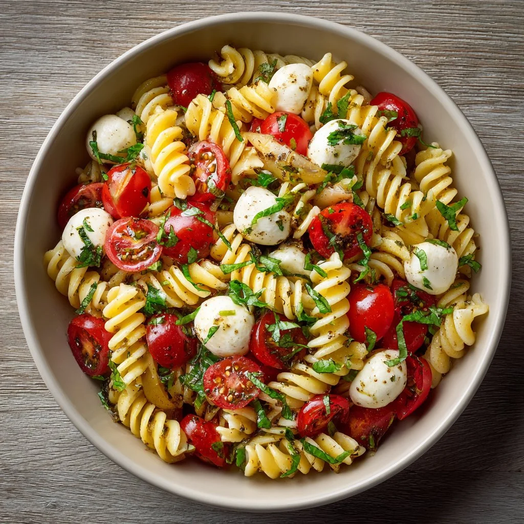 Fresh Caprese Pasta Salad with cherry tomatoes, mozzarella, and basil