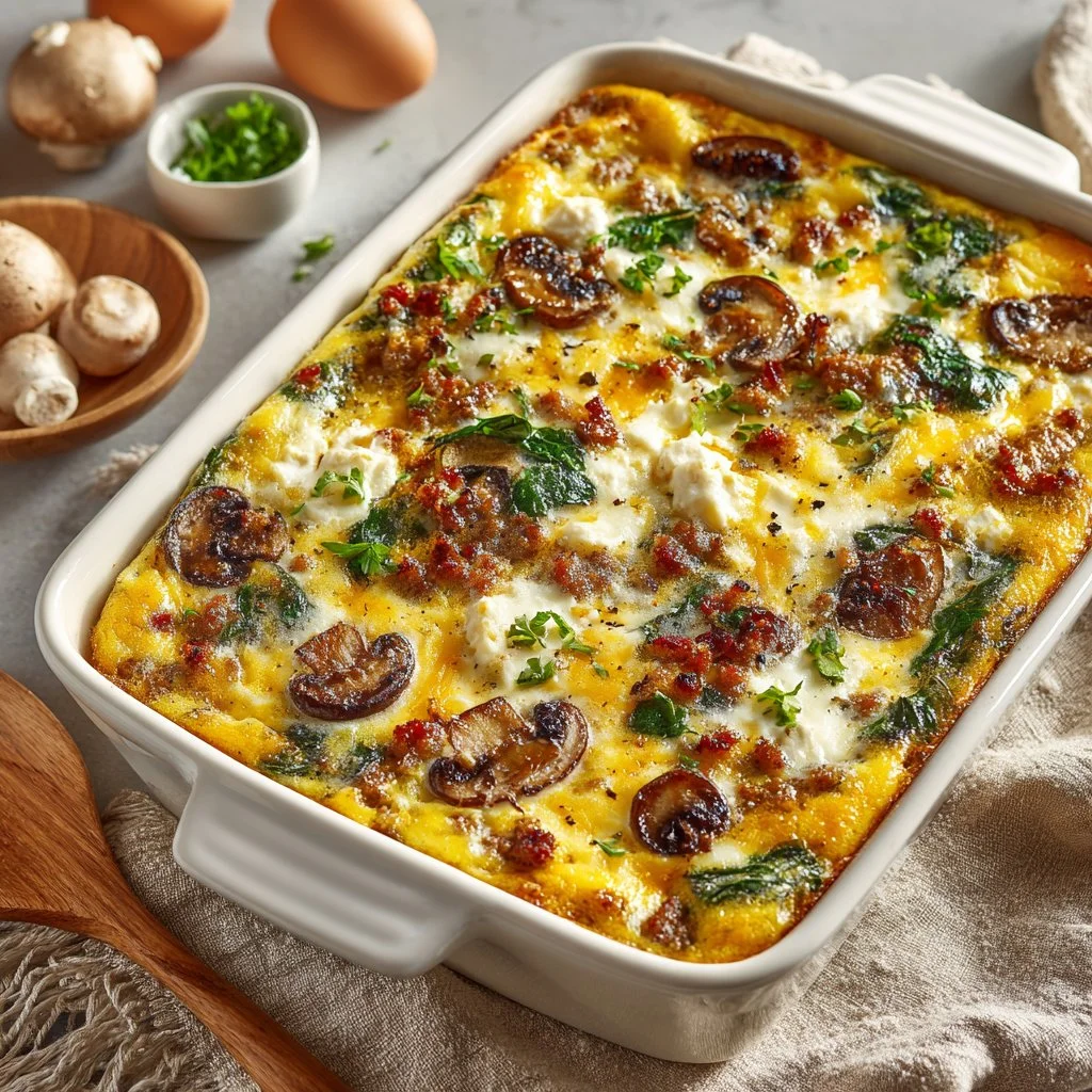 Cheesy make-ahead egg bake topped with herbs and cheese for breakfast.