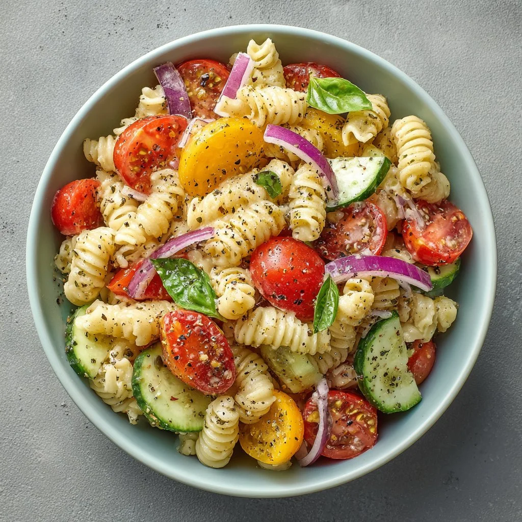A vibrant bowl of classic pasta salad with colorful veggies and dressing