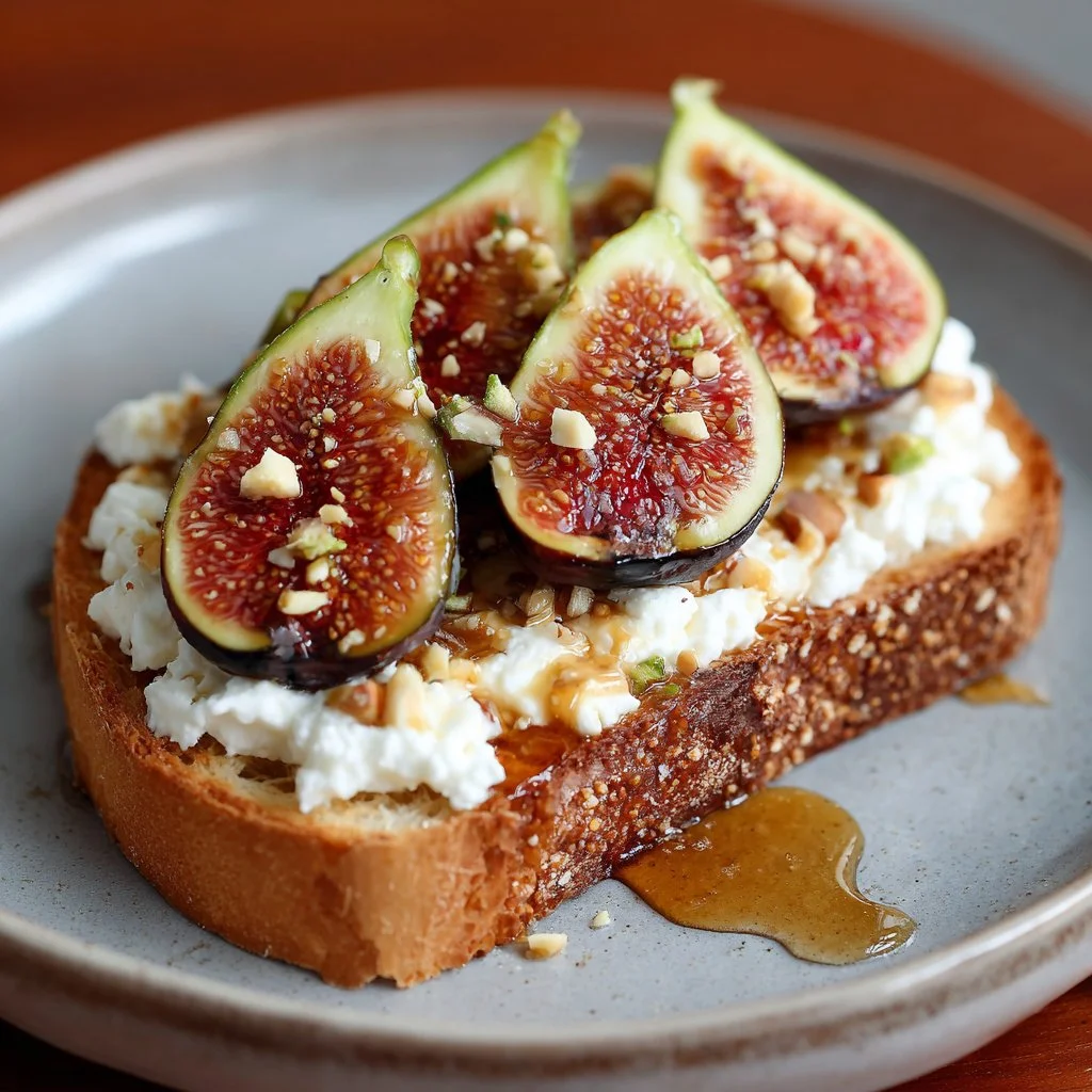 Cottage cheese and fig toast topped with fresh figs on a rustic wooden table.