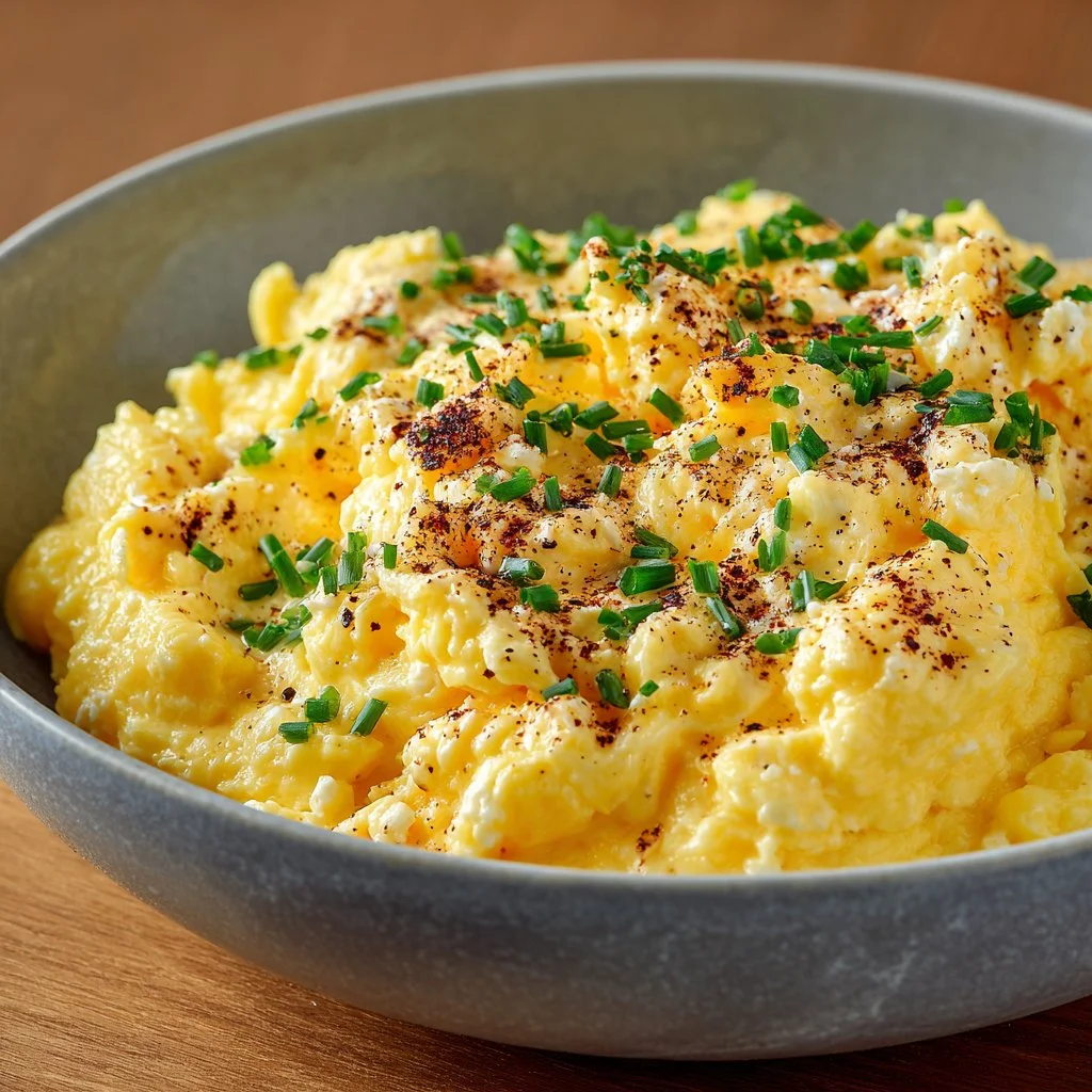 Creamy cottage cheese scrambled eggs served on a plate