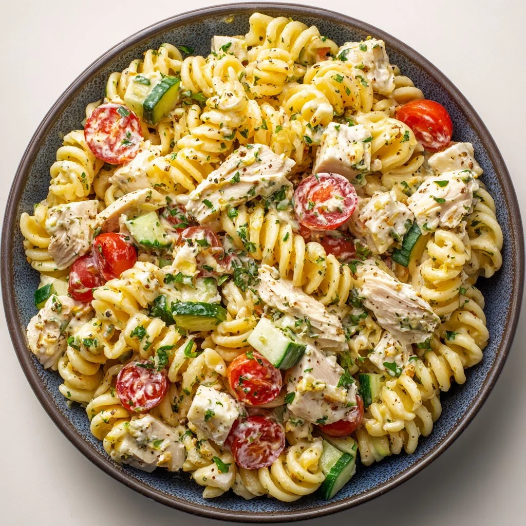 Creamy high-protein pasta salad with chicken, vegetables, and a flavorful dressing.