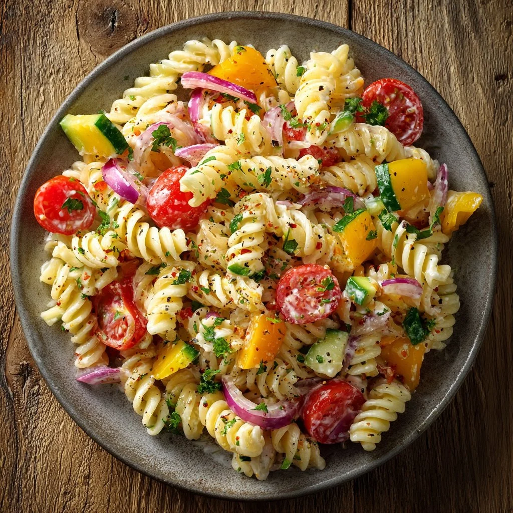 Creamy pasta salad with fresh vegetables and dressing
