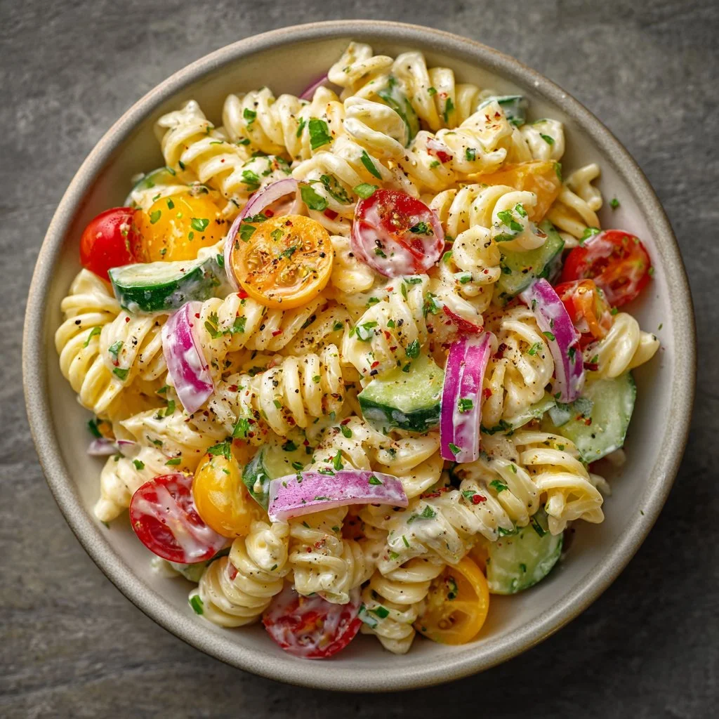 Creamy pasta salad with vegetables and dressing