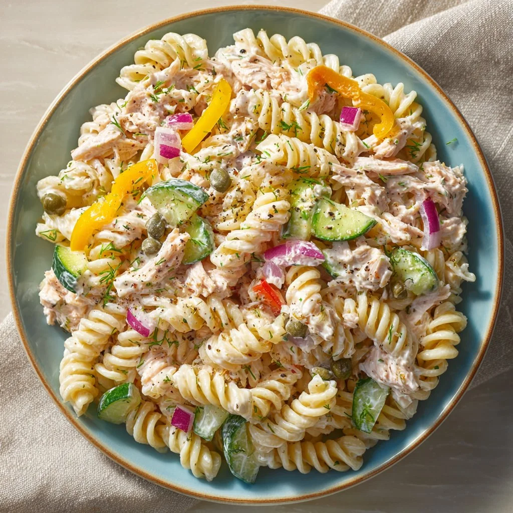 Delicious creamy tuna pasta salad served in a bowl