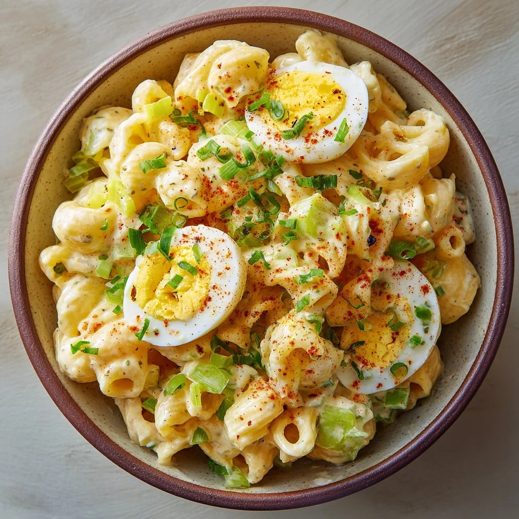 Delicious deviled egg pasta salad in a bowl, garnished with herbs.