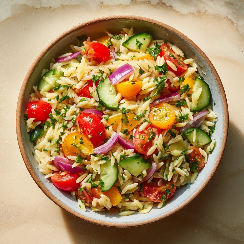 A colorful bowl of Easy Spring Orzo Pasta Salad with fresh vegetables and herbs.