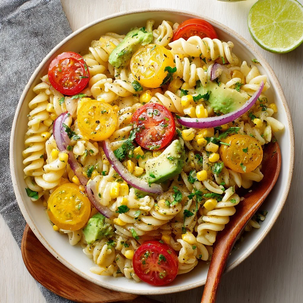 Delicious Corn Avocado Pasta Salad with fresh ingredients and vibrant colors.