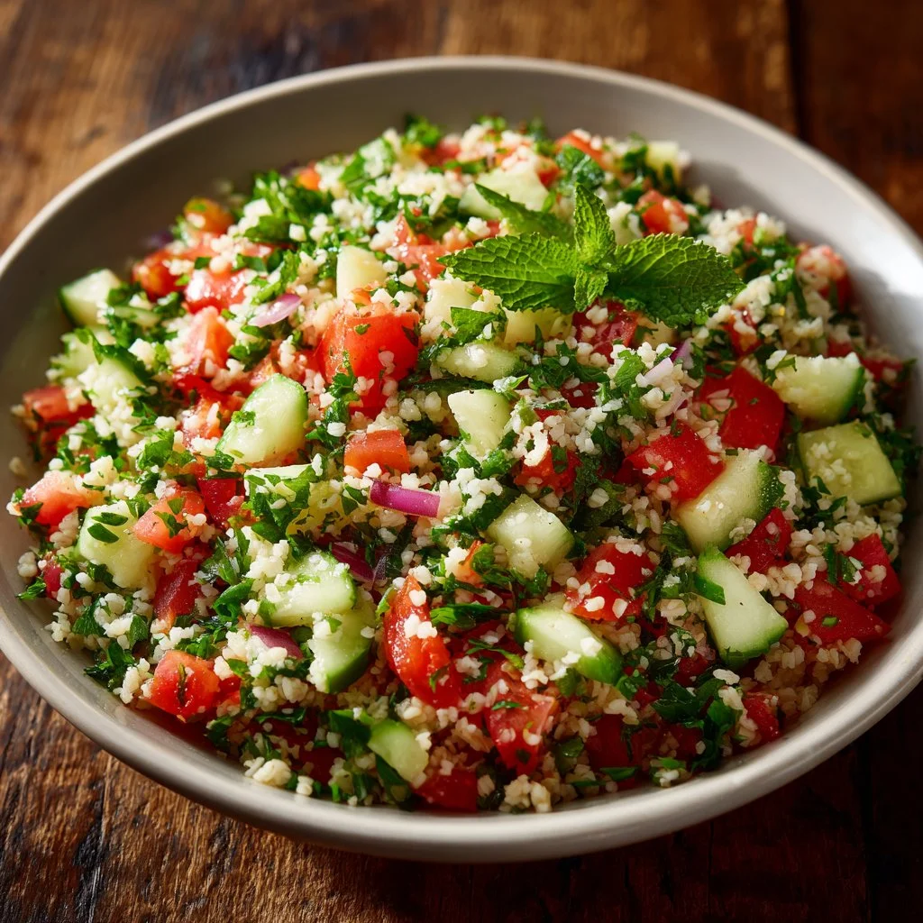 Bowl of fresh Tabouleh Salad with parsley, tomatoes, and bulgur wheat