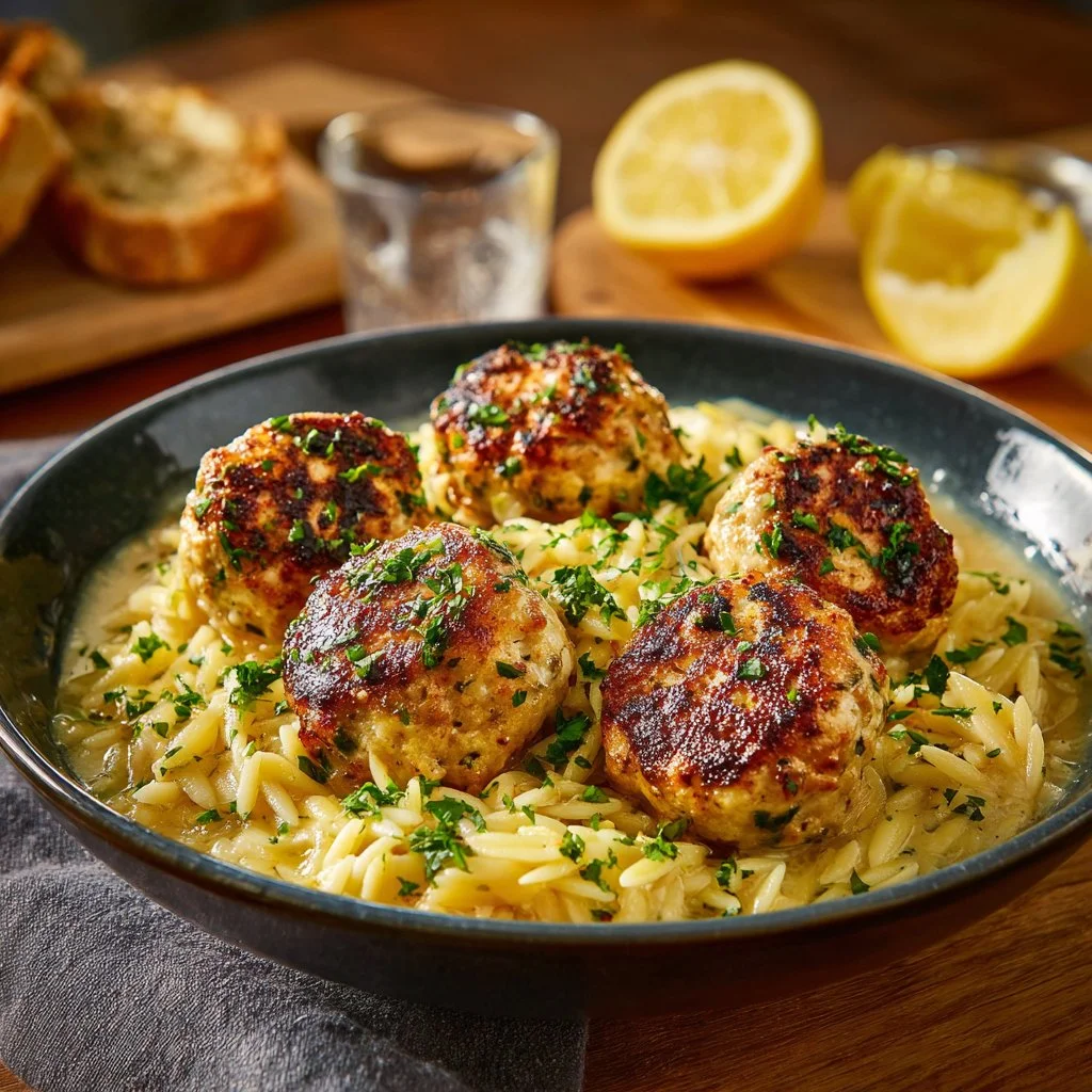 Plate of Greek-Style Chicken Meatballs served with Lemon Orzo.