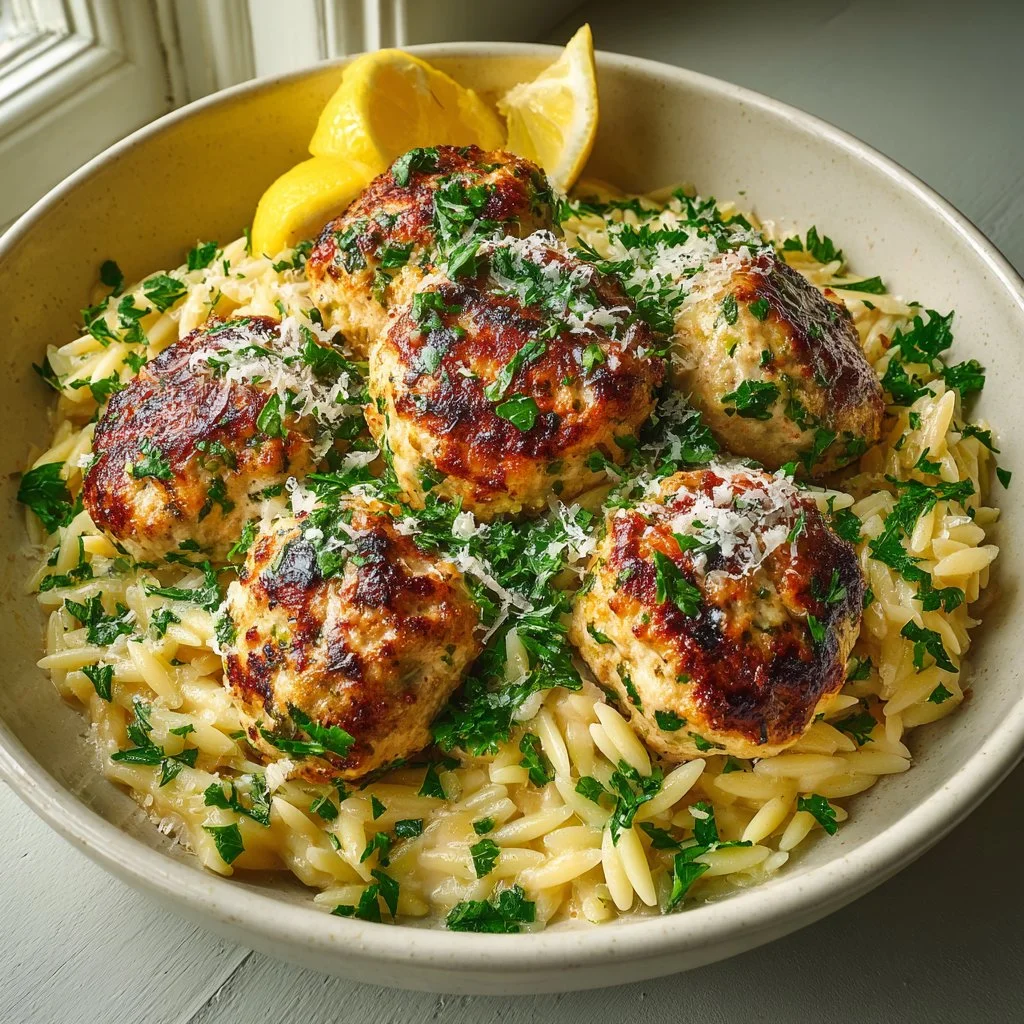 Greek-Style Chicken Meatballs with Lemon Orzo