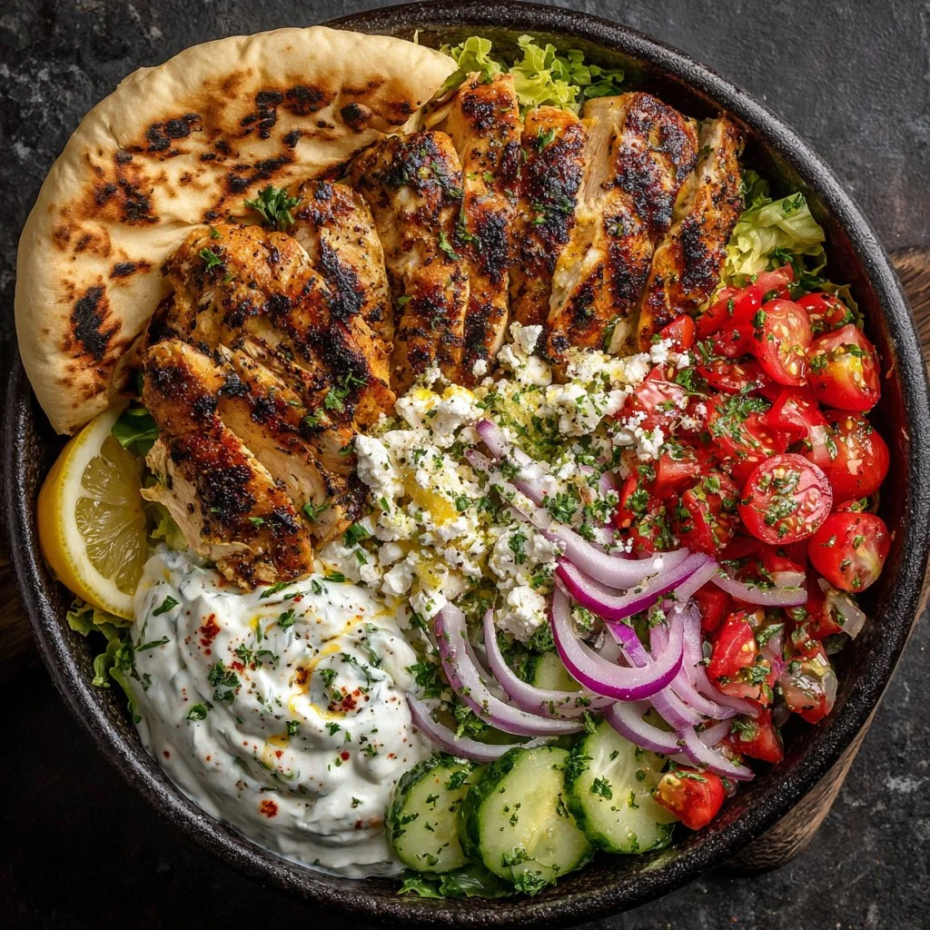 Healthy Greek Chicken Gyro bowl with fresh vegetables and tzatziki sauce