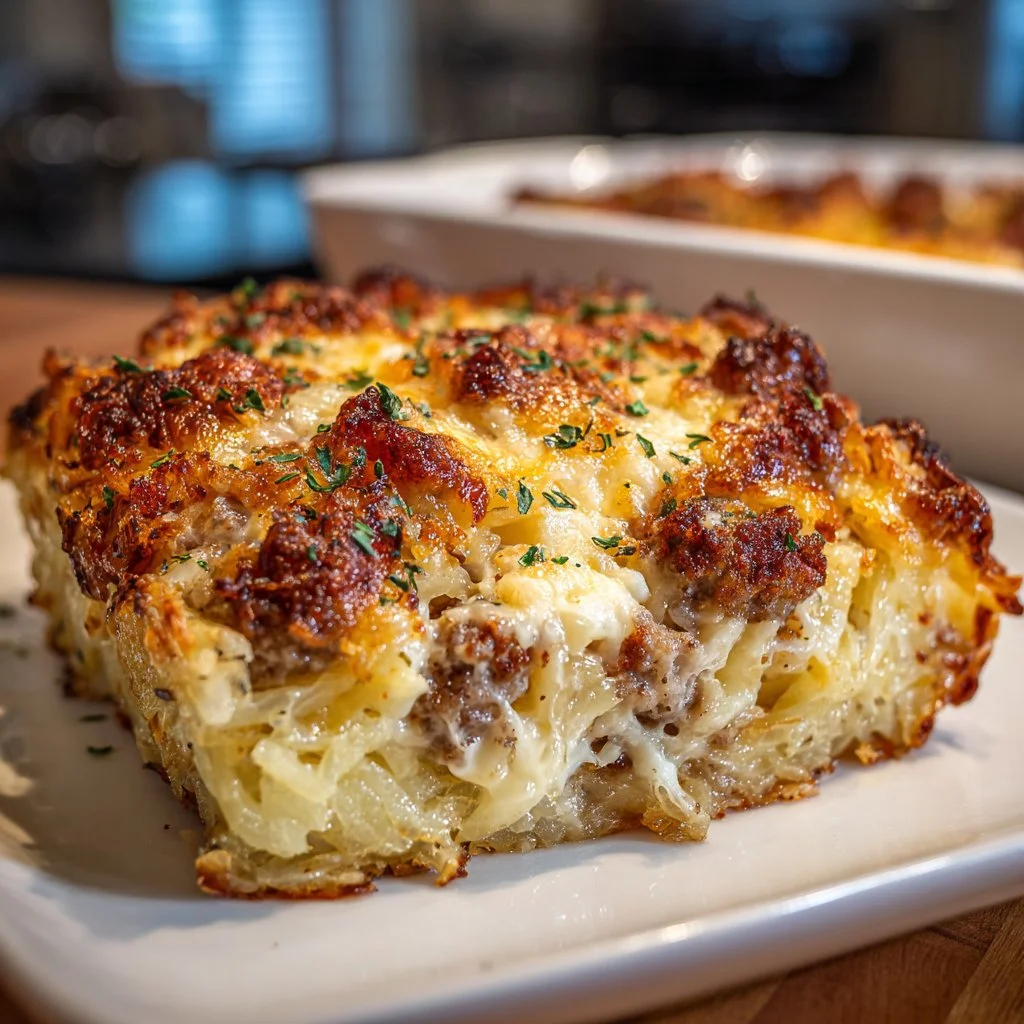 Delicious hearty hashbrown casserole baked until golden and crispy