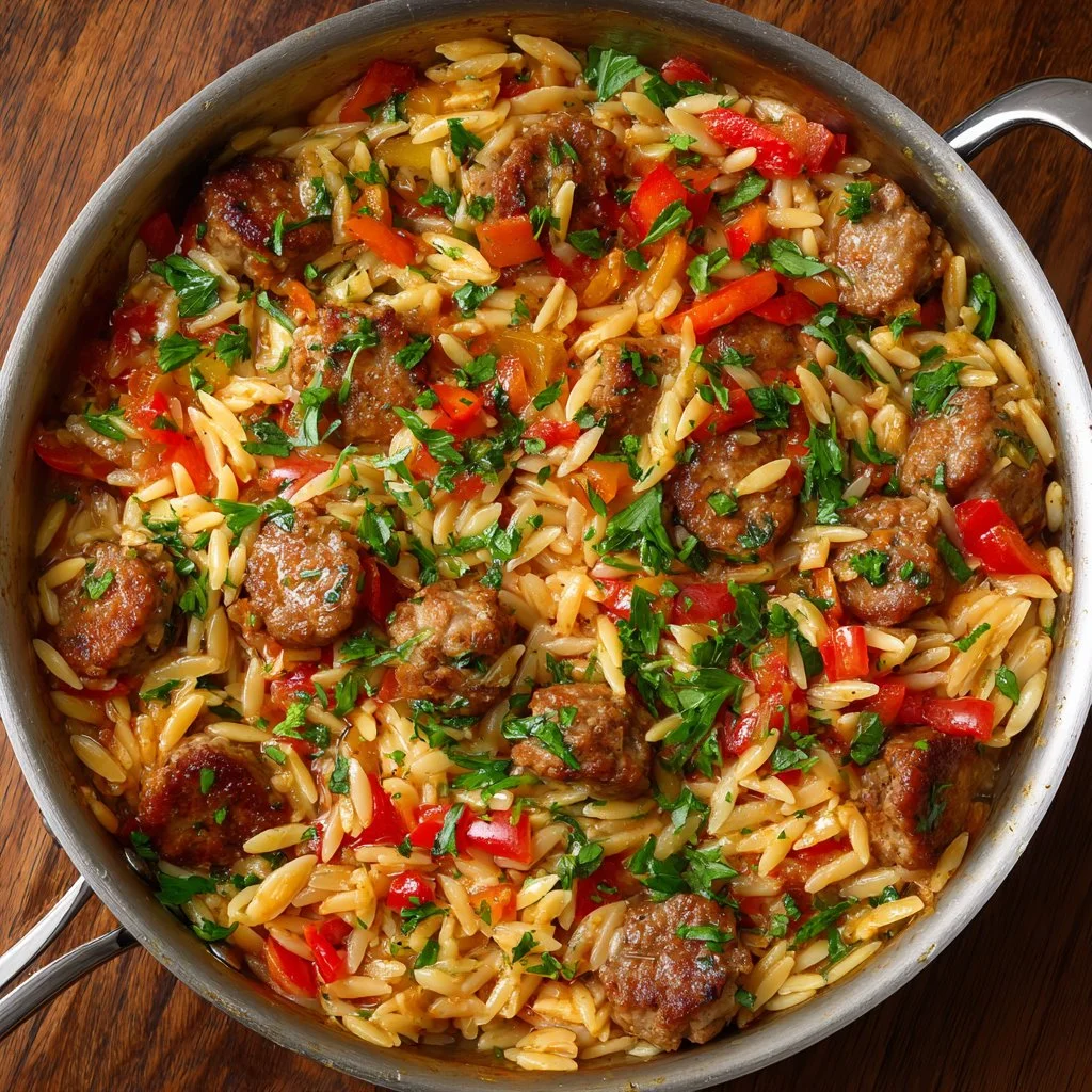 A savory dish of Italian sausage and orzo pasta with fresh herbs and vegetables.