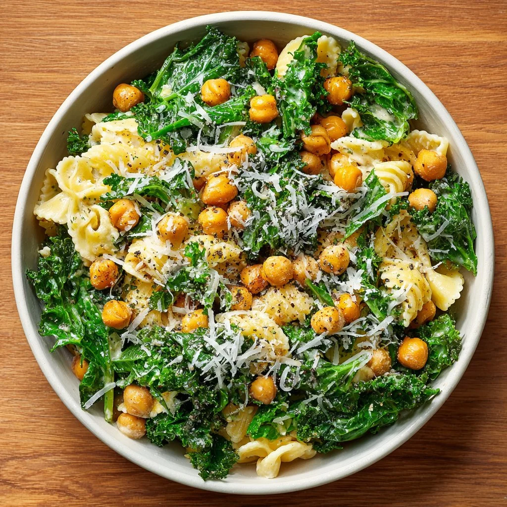 Kale Caesar Pasta Salad with croutons and parmesan cheese on a plate