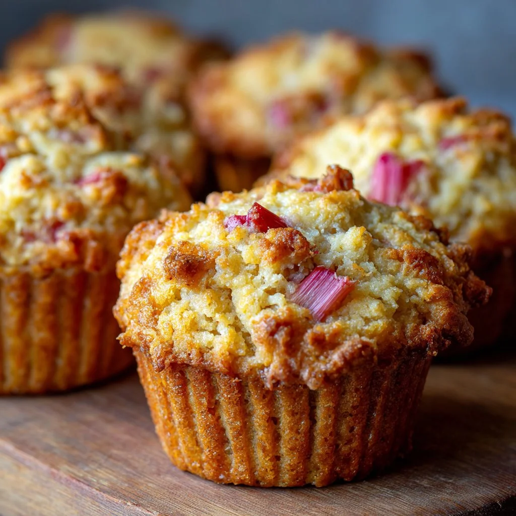 Freshly baked Keto Rhubarb Muffins on a wooden table