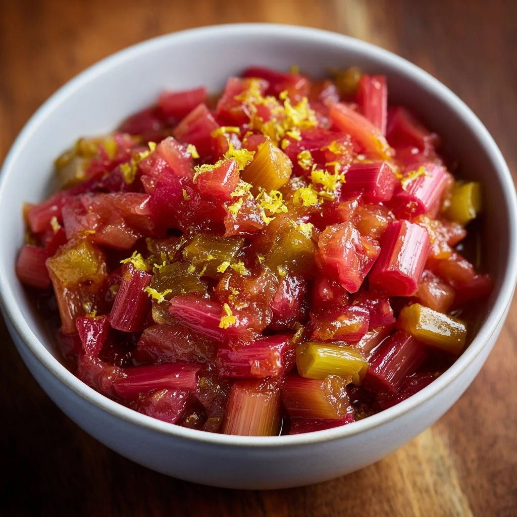 Lemon Honey Rhubarb Compote served in a jar with fresh rhubarb stalks