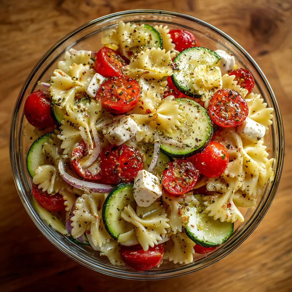Colorful bowl of fresh pasta salad with vegetables and dressing