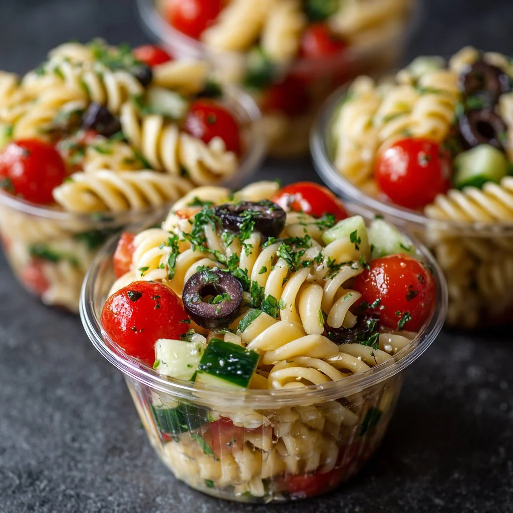Colorful and fresh Pasta Salad Cups served on a table, ideal for gatherings.