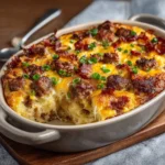 Pioneer Woman's delicious overnight breakfast casserole ready to serve.