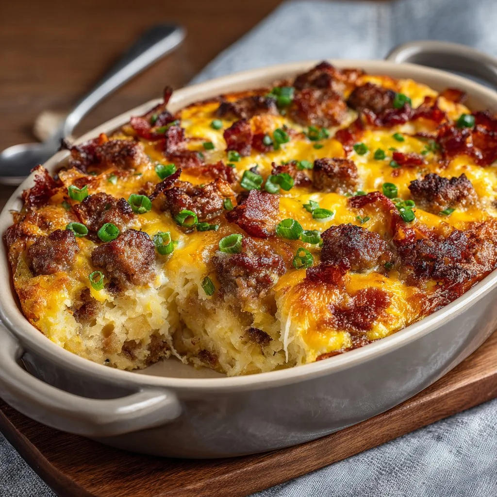 Pioneer Woman's delicious overnight breakfast casserole ready to serve.