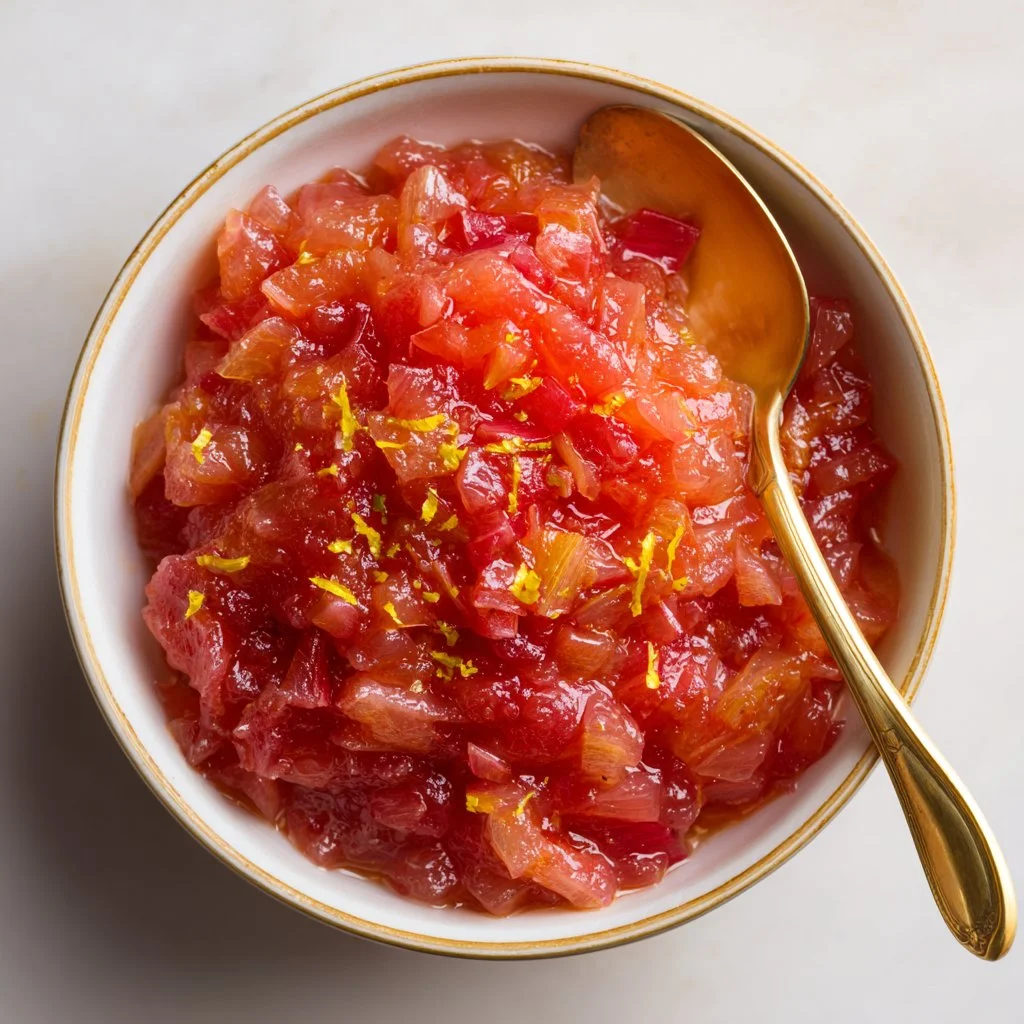 Bowl of delicious rhubarb-orange compote served with a spoon