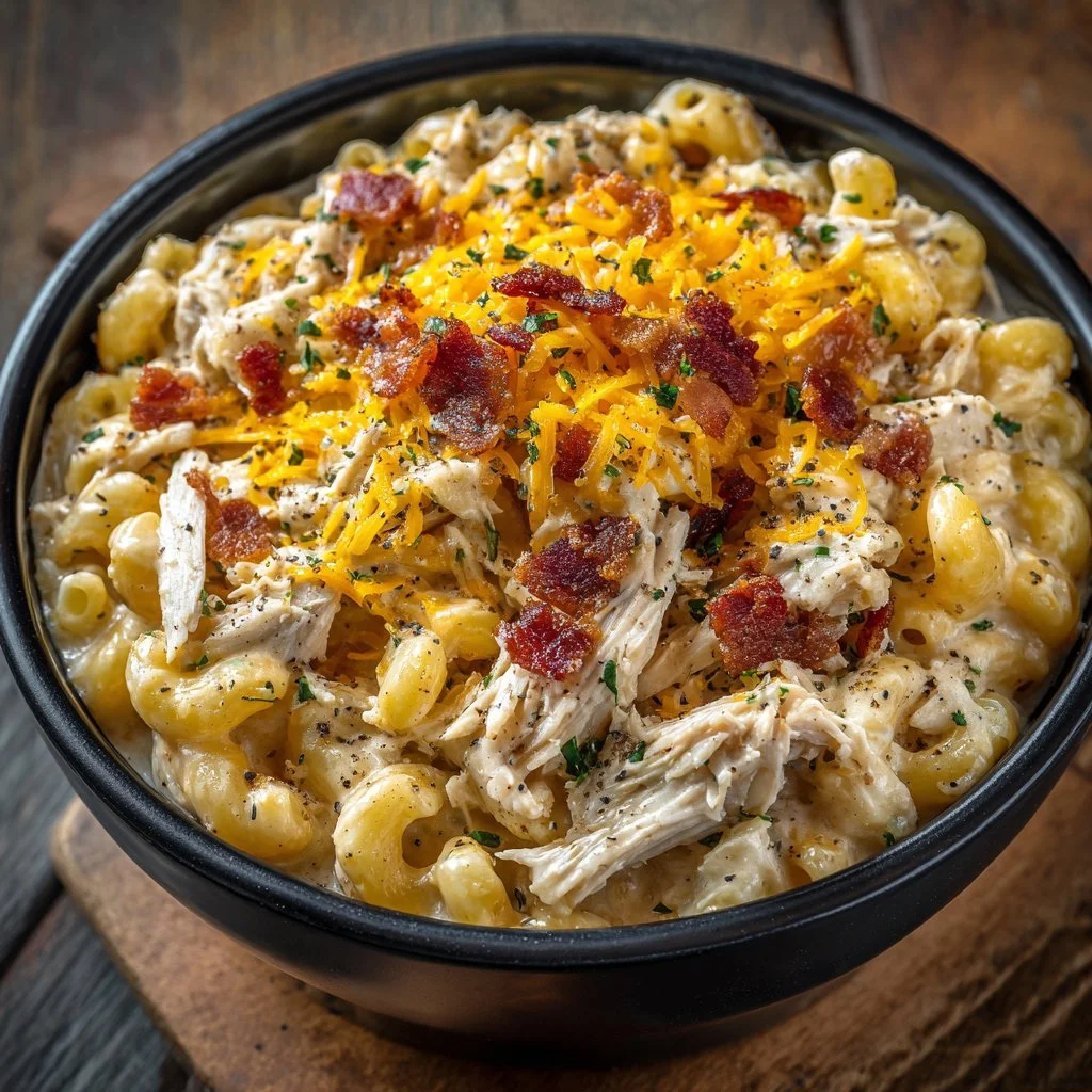 Bowl of rich Crack Chicken Mac and Cheese topped with herbs and cheese.