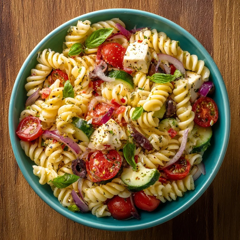 Bowl of simple Italian pasta salad with colorful vegetables and dressing