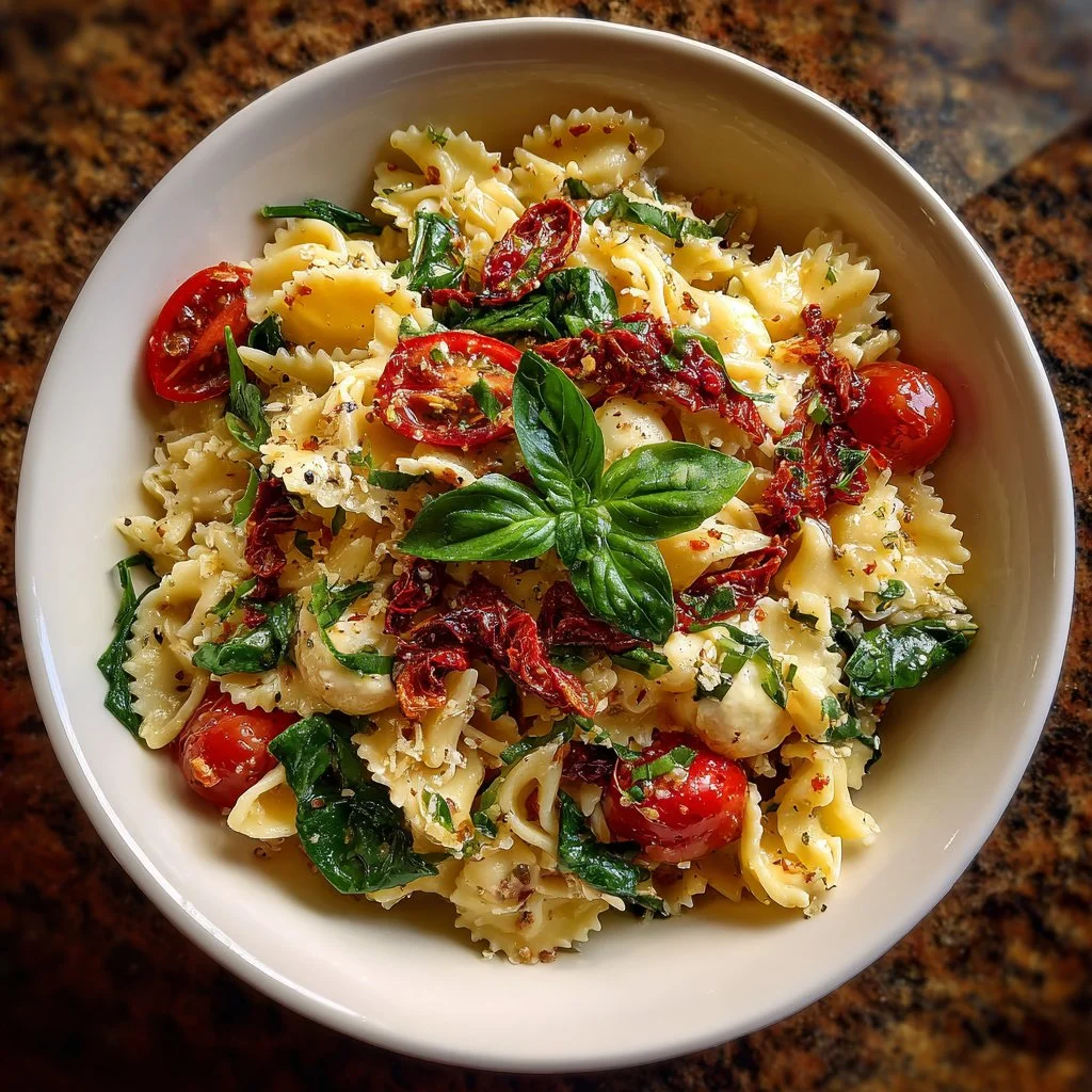 A vibrant bowl of sun-dried tomato pasta salad with fresh herbs and vegetables.
