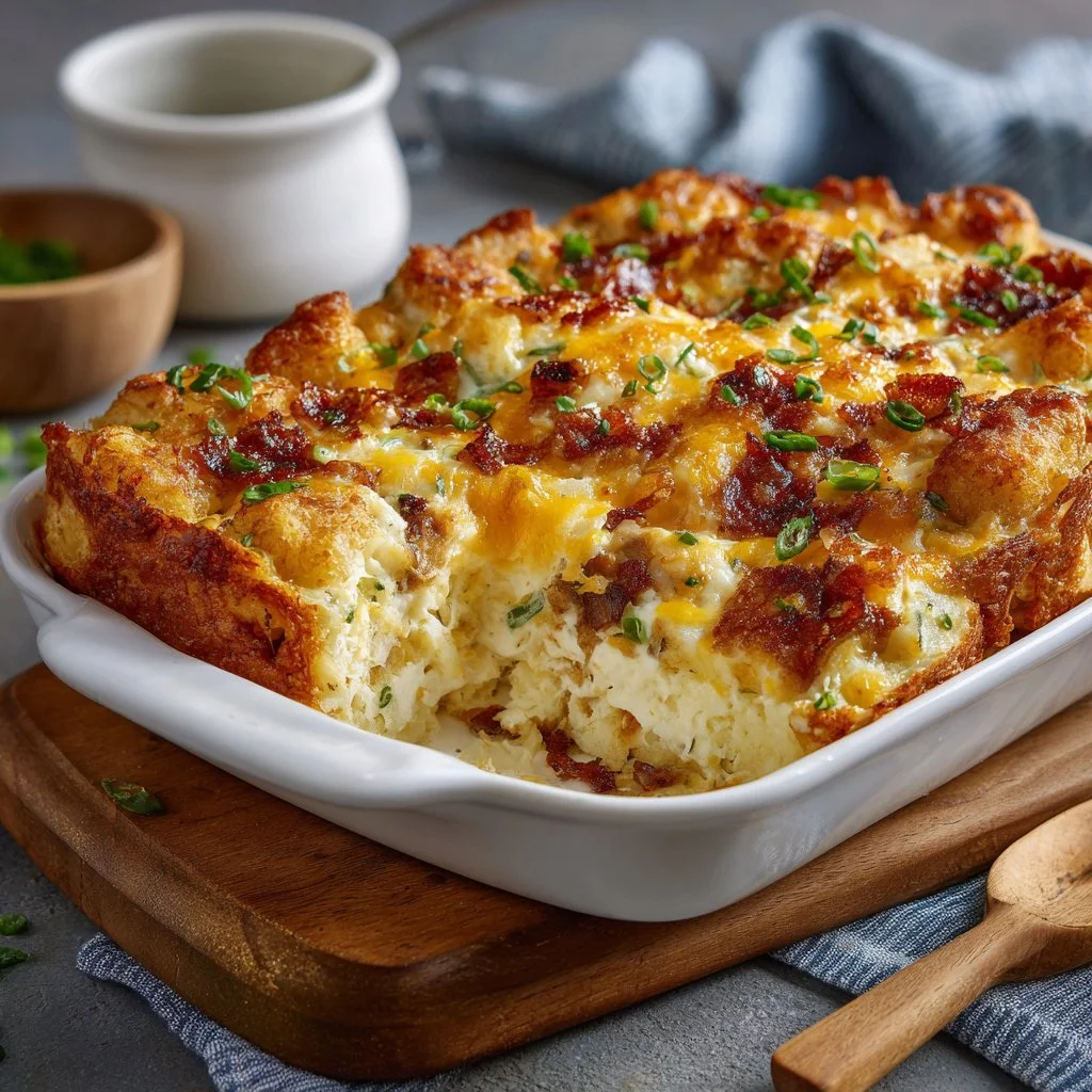 Ultra-creamy breakfast casserole topped with cheese and veggies