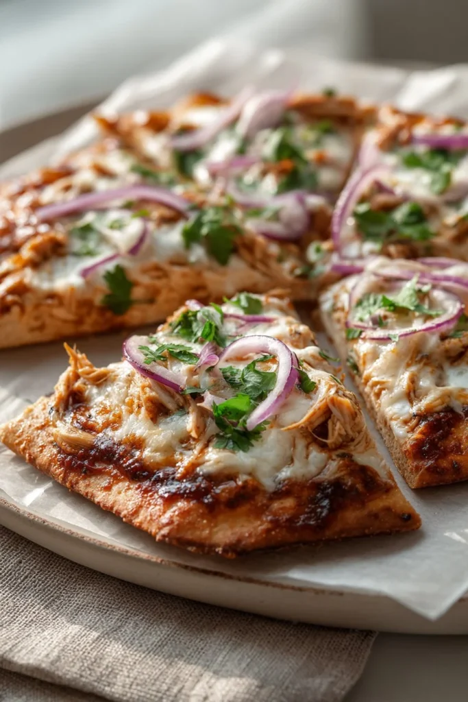 Delicious BBQ chicken flatbread topped with fresh ingredients for a quick dinner.