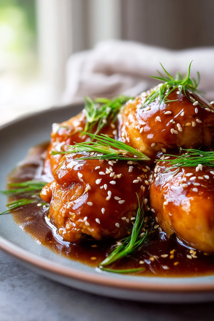 Slow cooker honey garlic chicken served on a plate with rice and vegetables