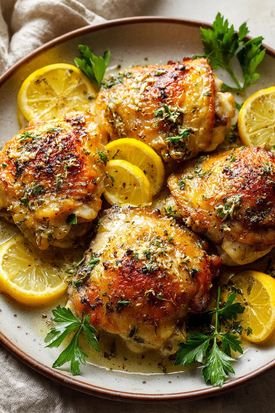 Easy baked chicken thighs with garlic butter and lemon served on a plate